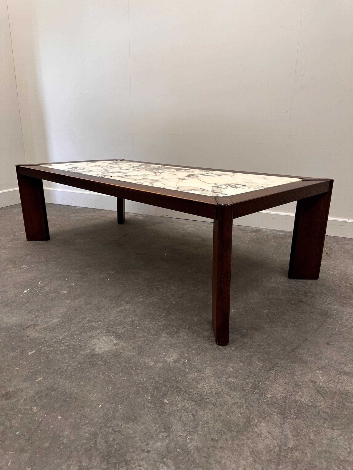 Large 1970s Belgian Oak Coffee Table With Breccia Marble Top – Signed And Dated 1976 photo buy