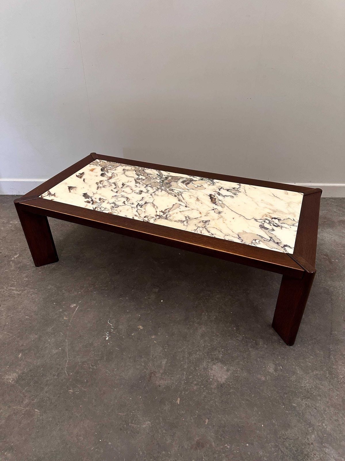 photo furniture Large 1970s Belgian Oak Coffee Table With Breccia Marble Top – Signed And Dated 1976