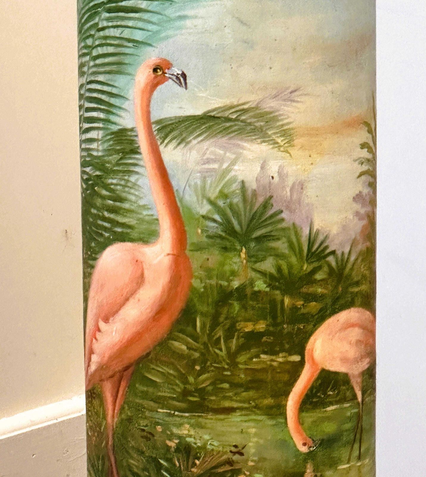 Unique Hand Painted Flamingo Pedestal Artwork On Terracotta, 1940s France photo vinterior
