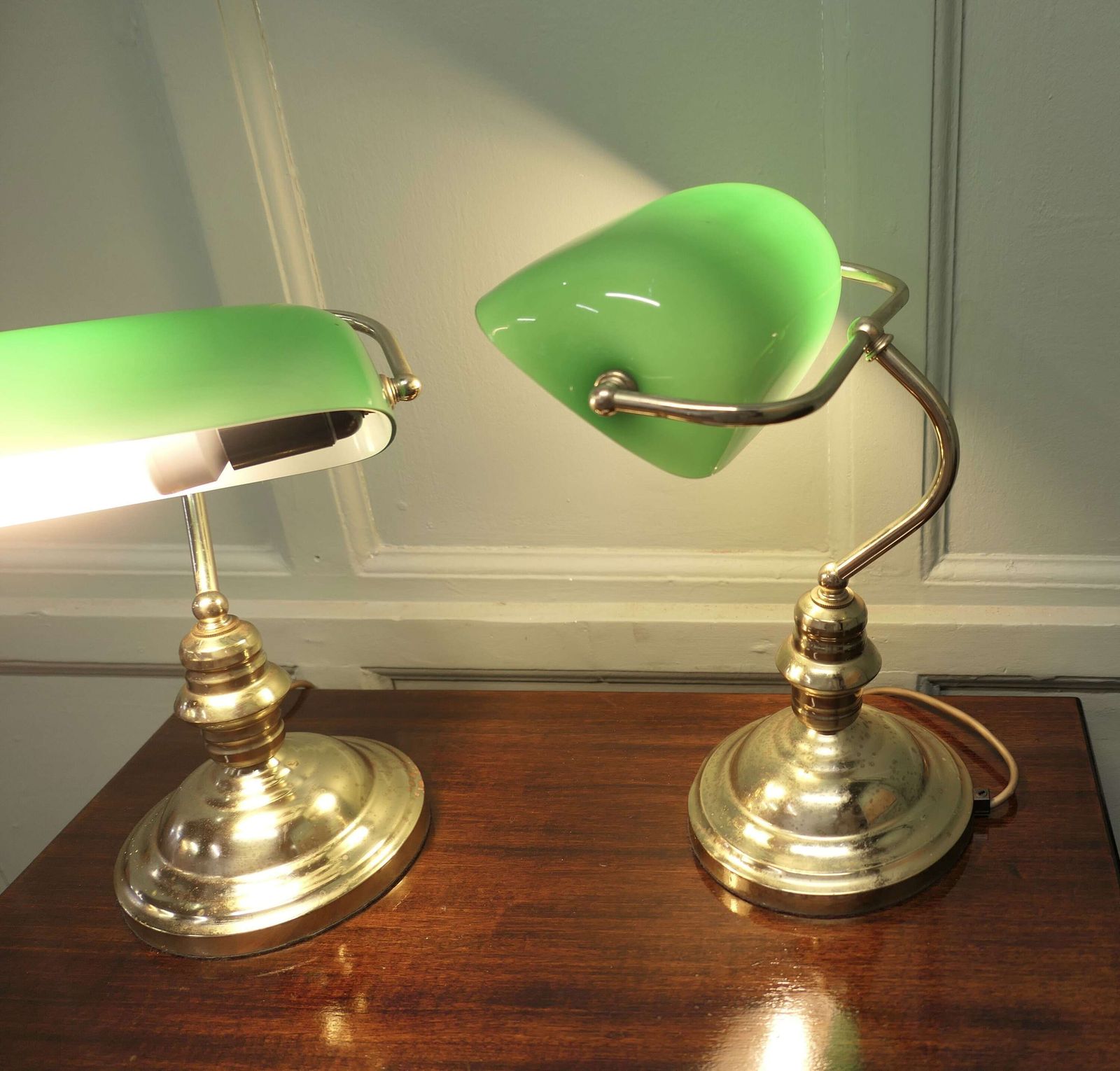 A Pair Of Brass And Green Glass Banker’s Lamps photo for sale