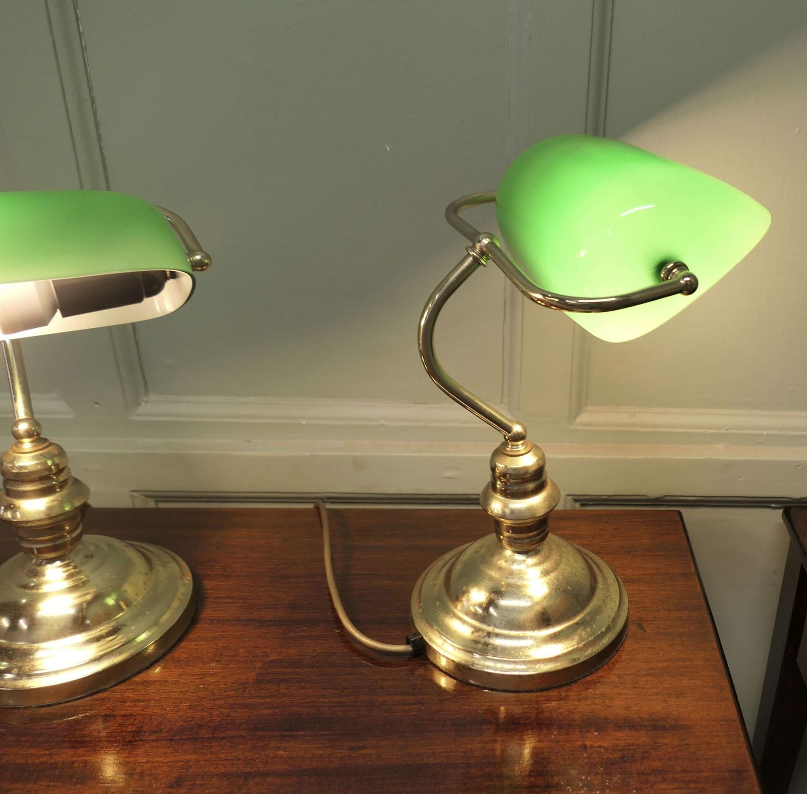 A Pair Of Brass And Green Glass Banker’s Lamps photo 900.0