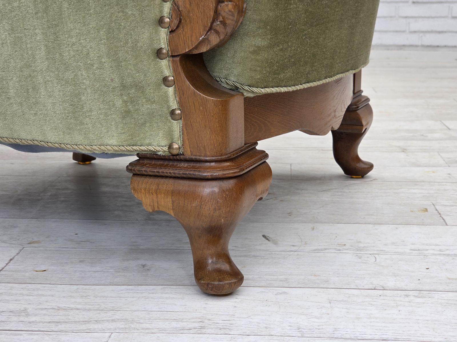 1960s, Danish Armchair, Green Furniture Velour, Carved Oak Wood. photo furniture