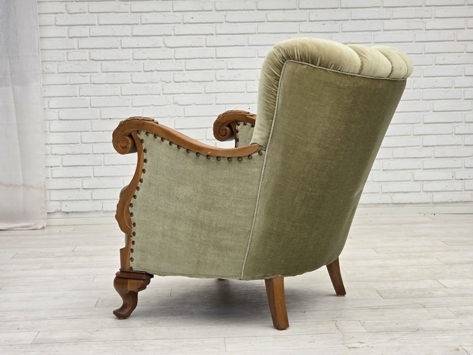 1960s, Danish Armchair, Green Furniture Velour, Carved Oak Wood. photo vintage