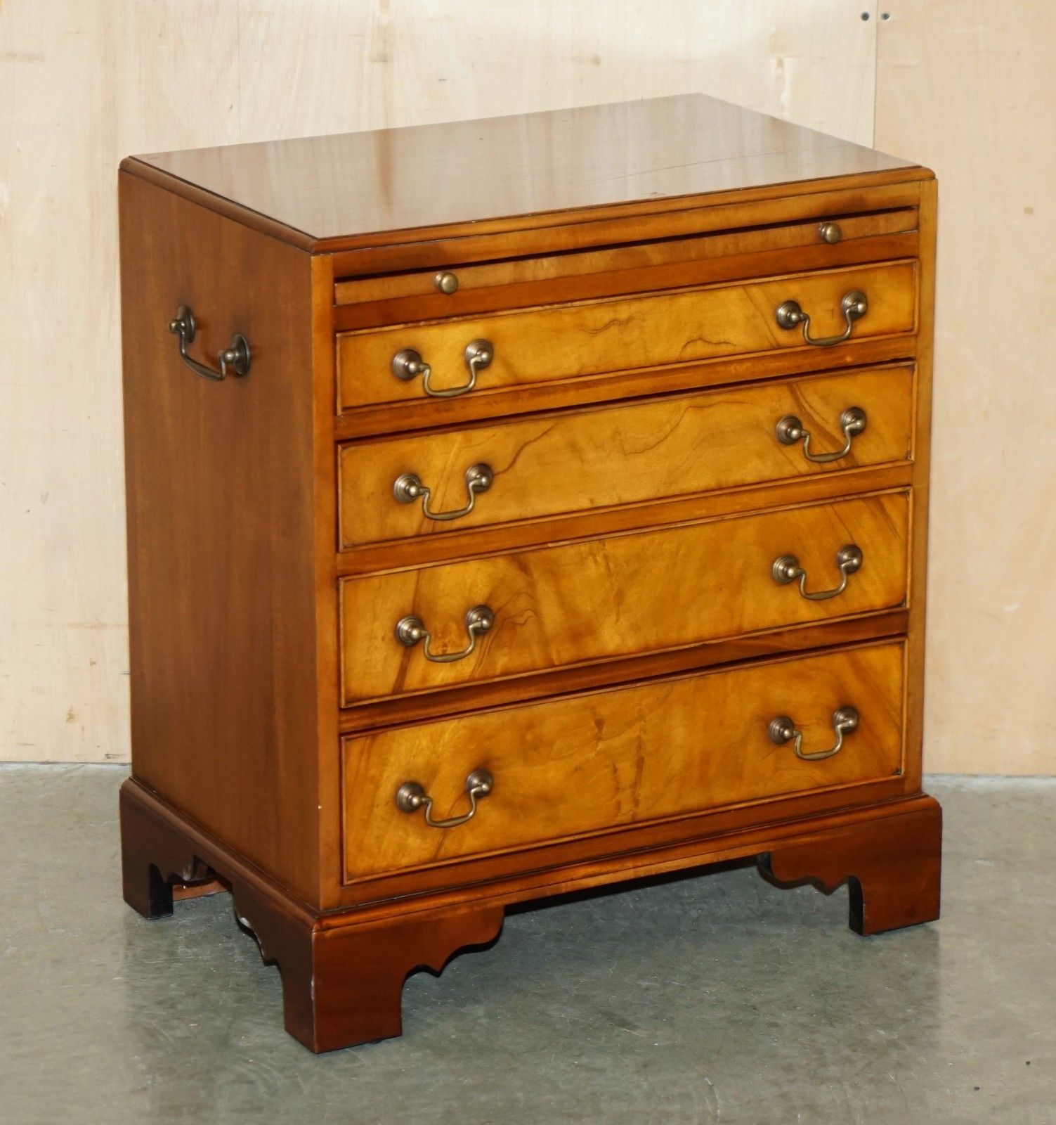 Lovely Walnut Brown Leather Military Campaign Nightstand Drawers Or Side Table photo furniture