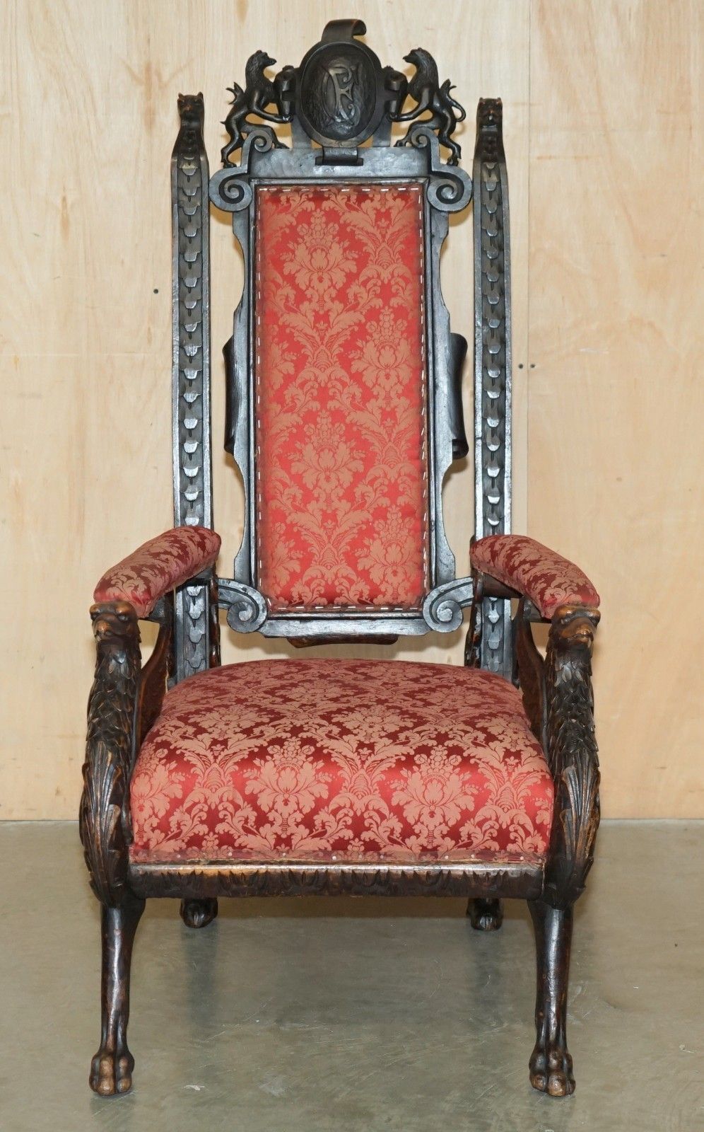 Hand Carved Antique French Empire Griffin Armorial Crest Coat Of Arms Armchair photo furniture