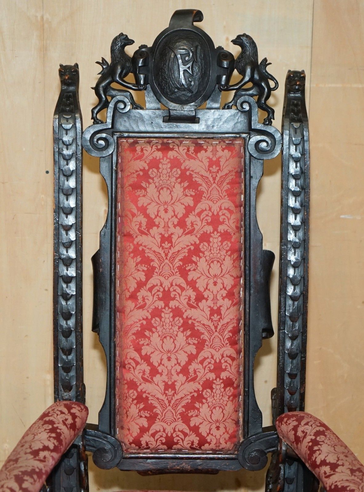 Hand Carved Antique French Empire Griffin Armorial Crest Coat Of Arms Armchair photo for sale
