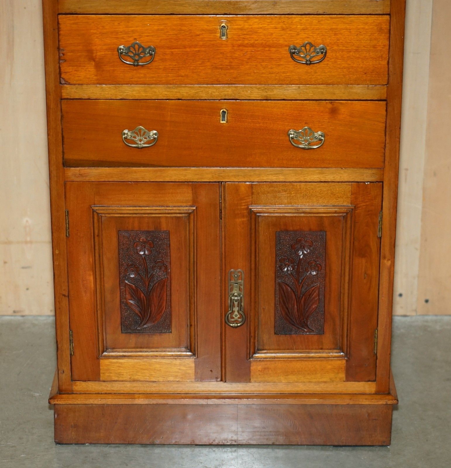Victorian Walnut Hand Carved Tallboy Chest Of Drawers Cupboard With Gallery Rail photo vinterior