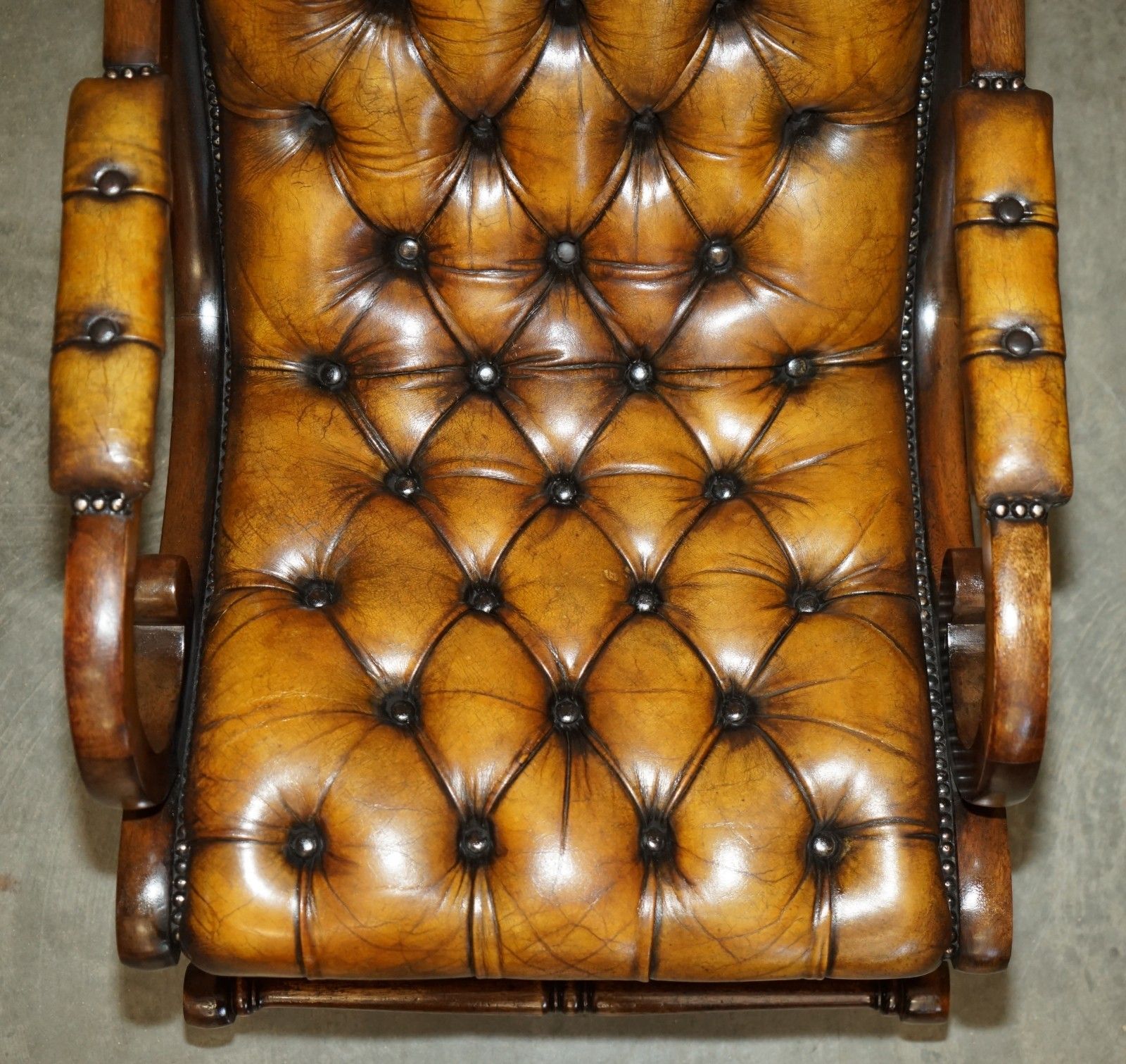 Vintage Fully Restored Hand Dyed Brown Leather Chesterfield Rocking Armchair photo vintage