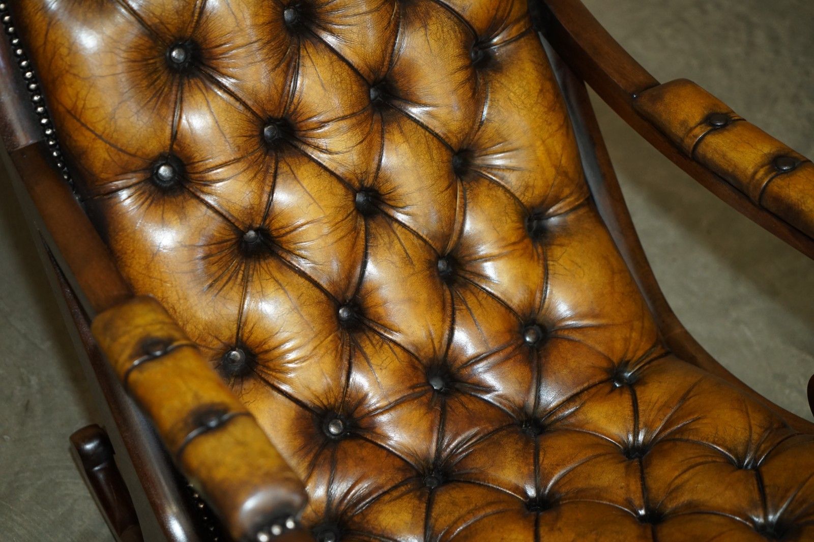 photo furniture Vintage Fully Restored Hand Dyed Brown Leather Chesterfield Rocking Armchair
