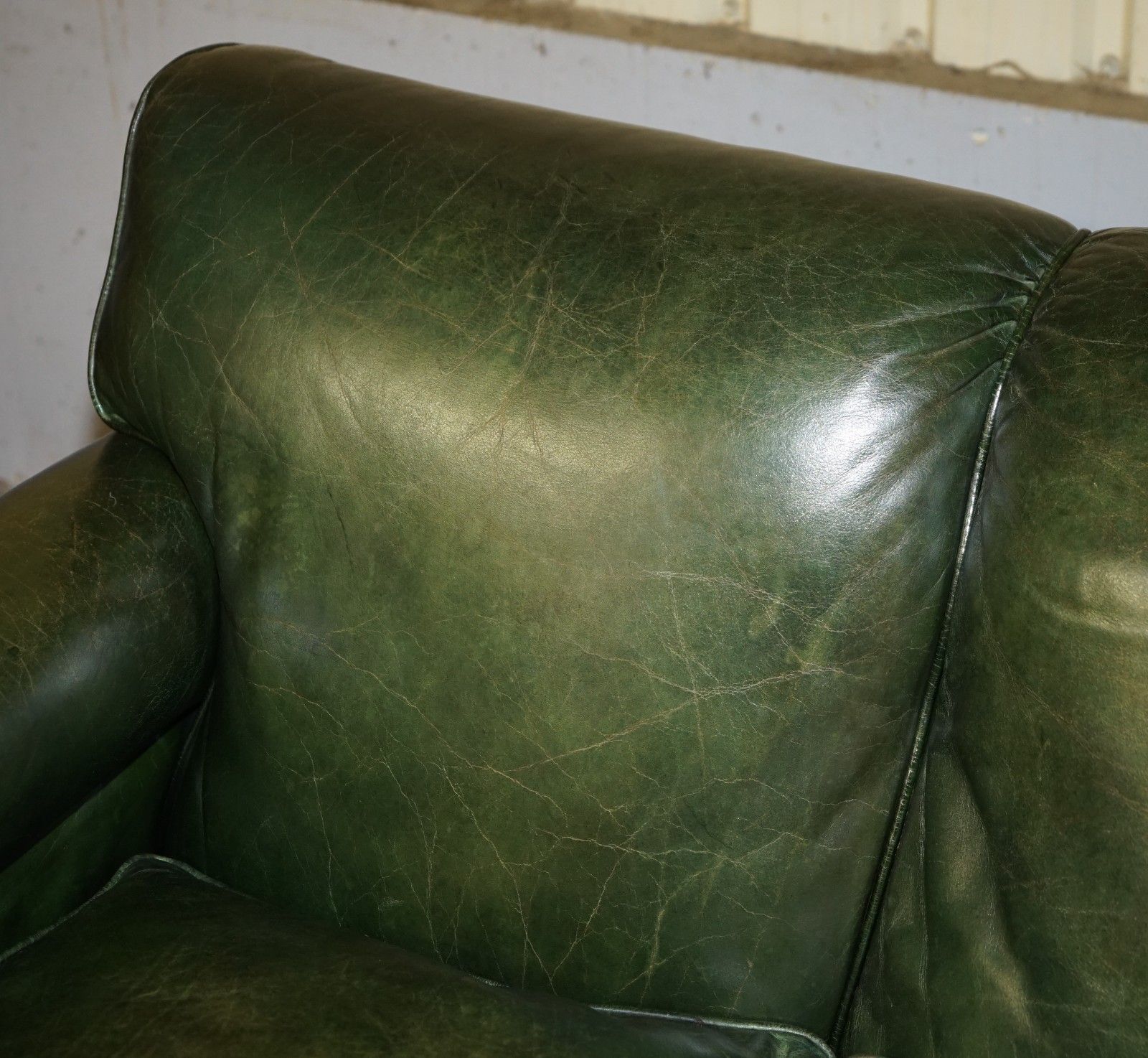Furniture Original Unrestored Green Leather Maple & Co Stamped Victorian Bolster Arm Sofa photo