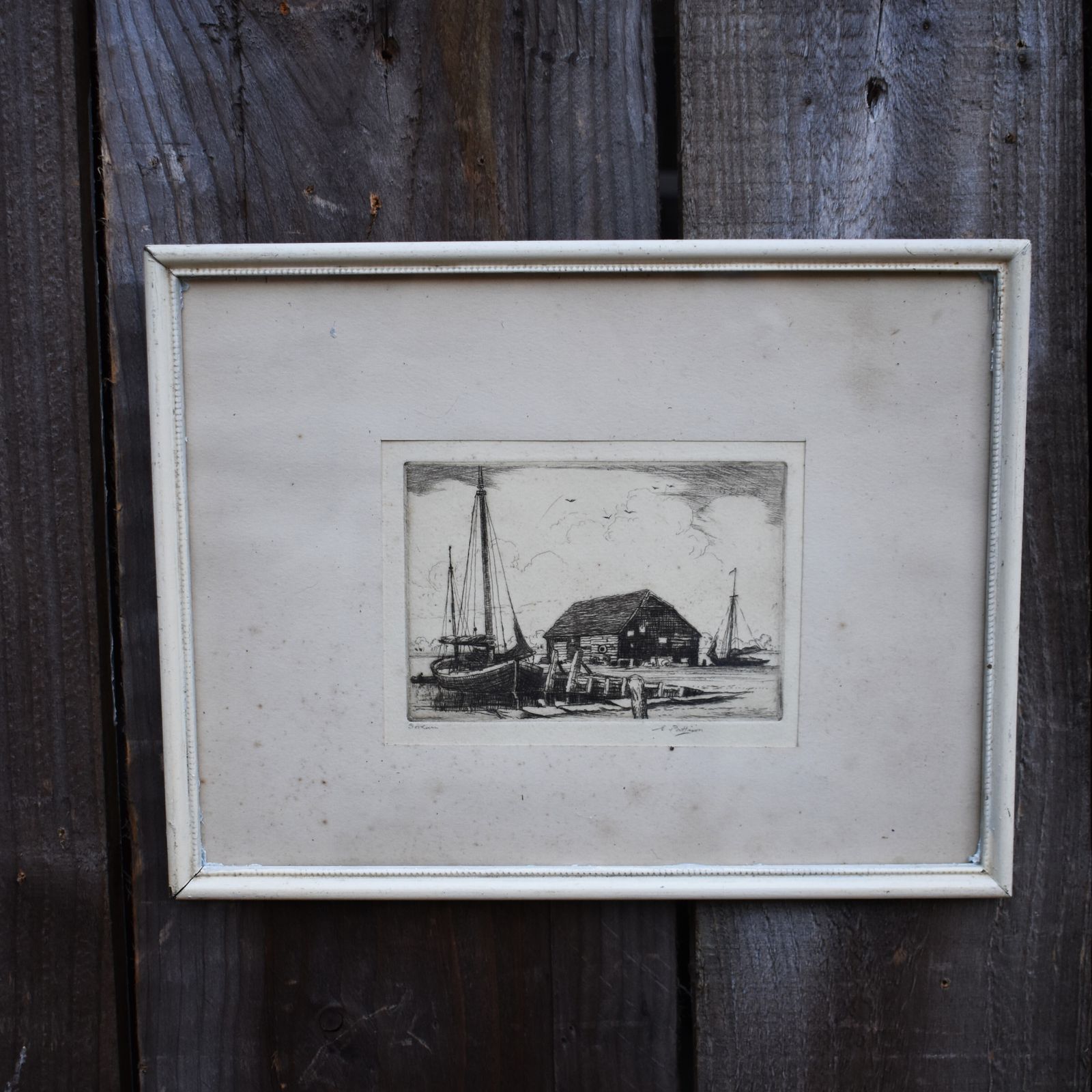 Antique Elgar Pattison Black & White Boatyard Harbour Etching Picture Signed