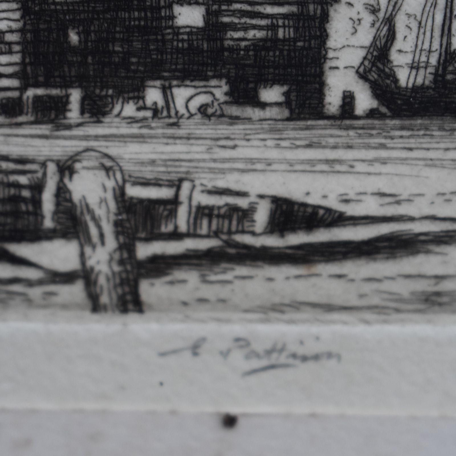 Antique Elgar Pattison Black & White Boatyard Harbour Etching Picture Signed photo vinterior