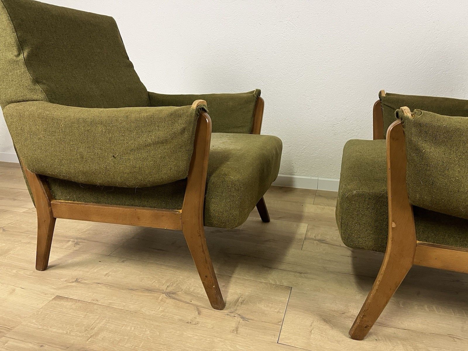 photo for sale Pair Of Wooden Armchairs Green Fabric Year 60’ Vintage Design