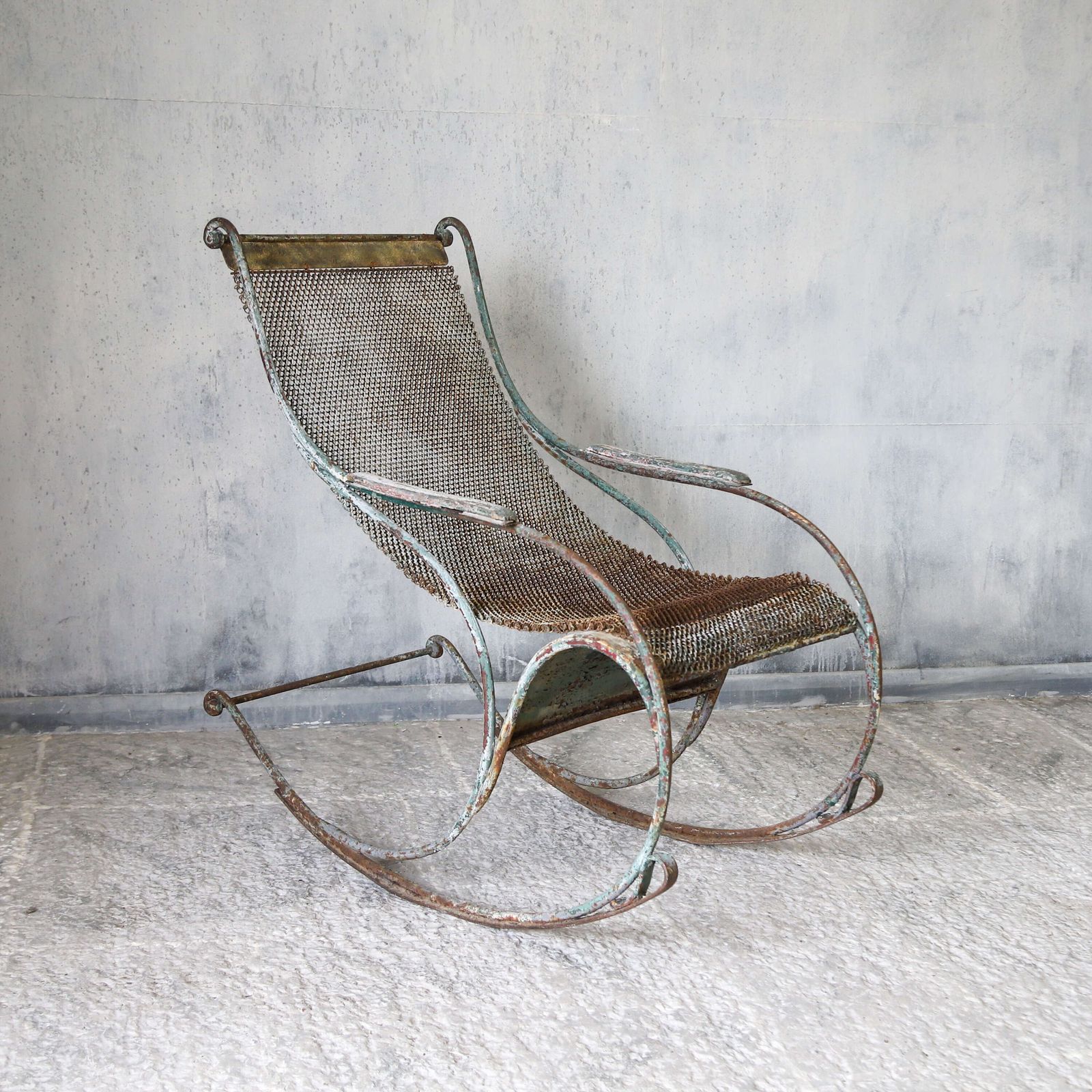 Rare French 19th Century Chain Link Rocking Chair With Time Worn Patina photo for sale