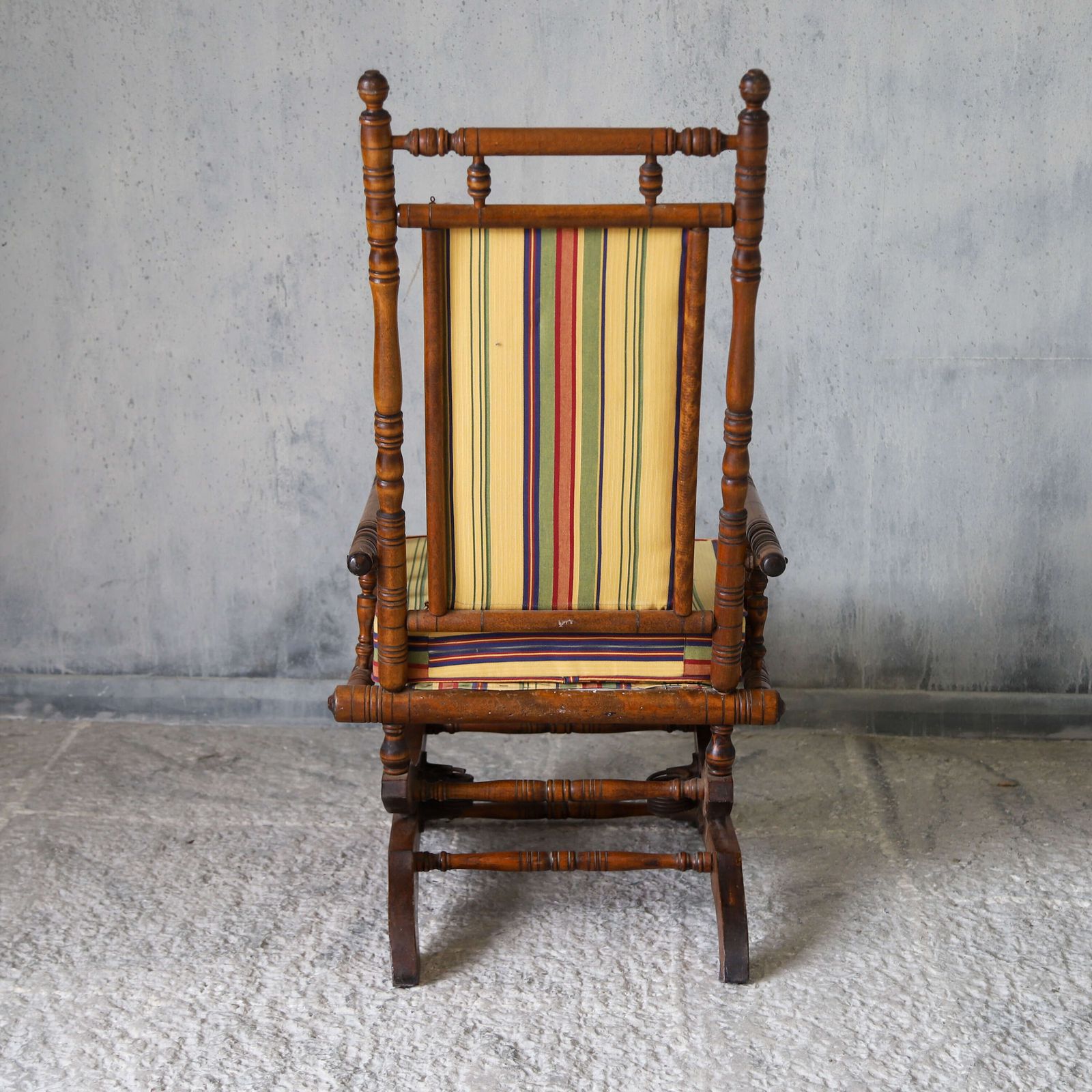 Early 20th Century French Bobbin Rocking Chair With Colourful Striped Upholstery photo 495.0