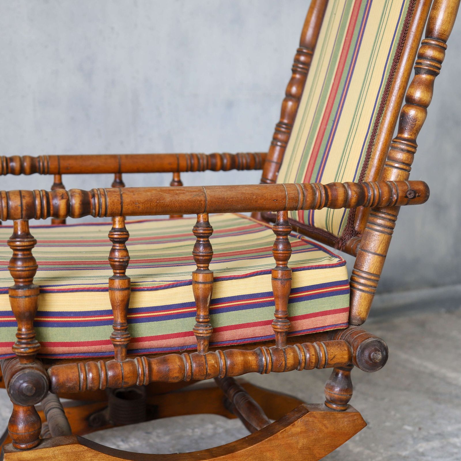 Early 20th Century French Bobbin Rocking Chair With Colourful Striped Upholstery photo vintage