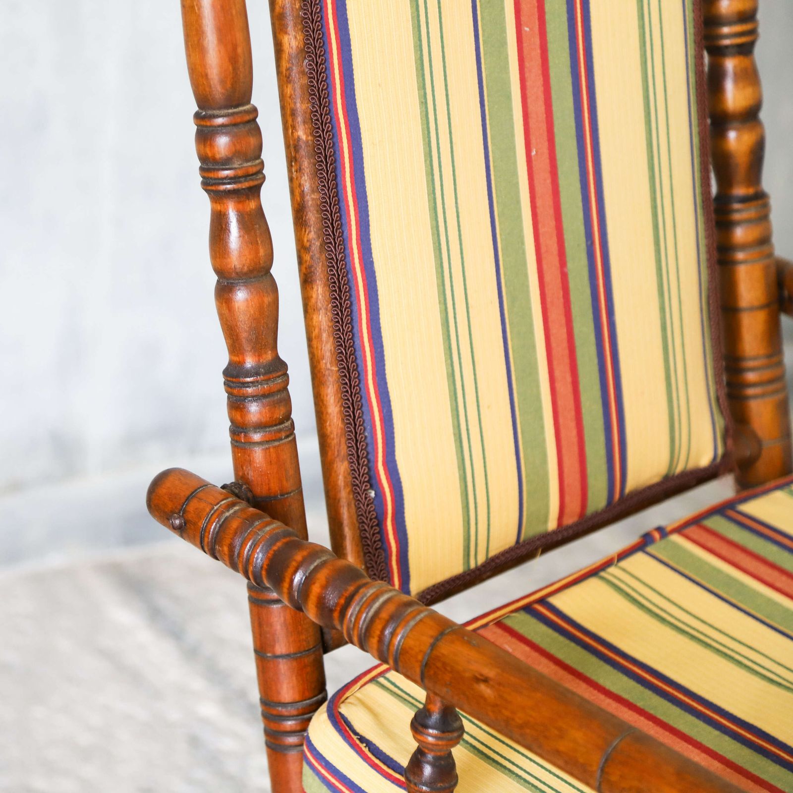 Furniture Early 20th Century French Bobbin Rocking Chair With Colourful Striped Upholstery photo