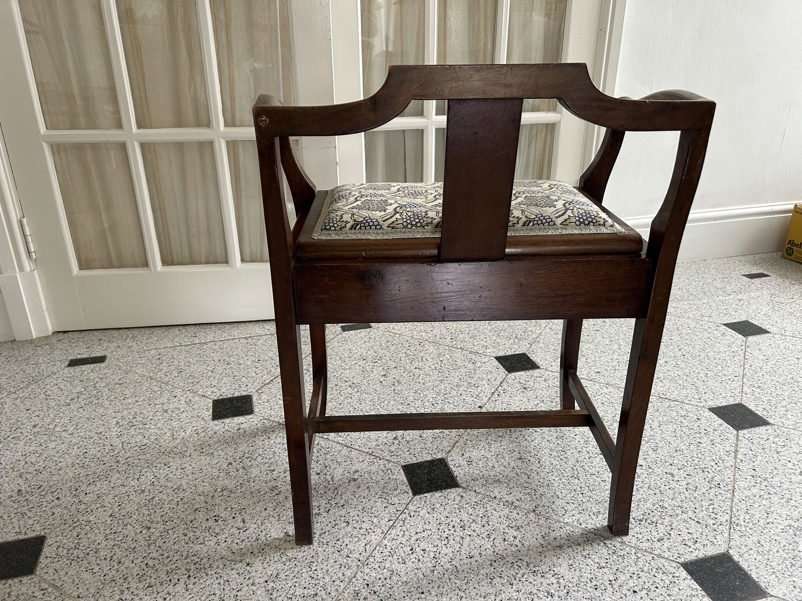 Edwardian Inlaid Piano Music Stool With Upholsered Seat In Morris Fabric photo vinterior