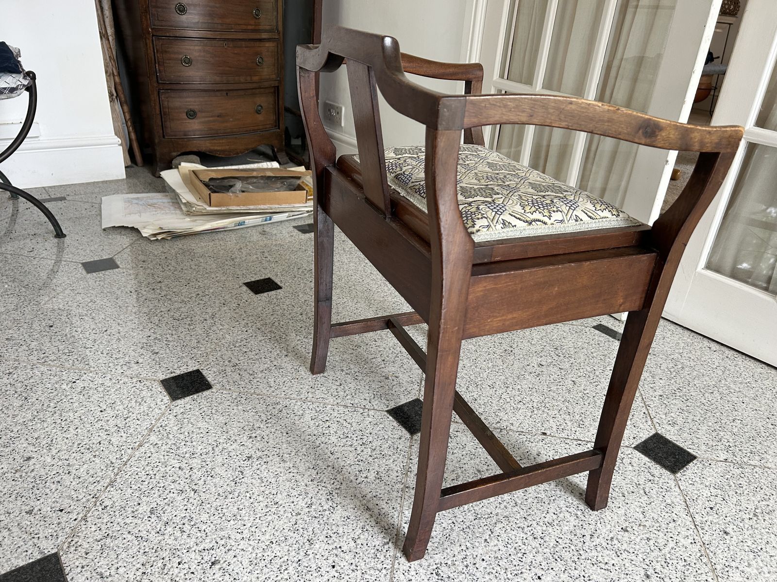 Edwardian Inlaid Piano Music Stool With Upholsered Seat In Morris Fabric photo Furniture