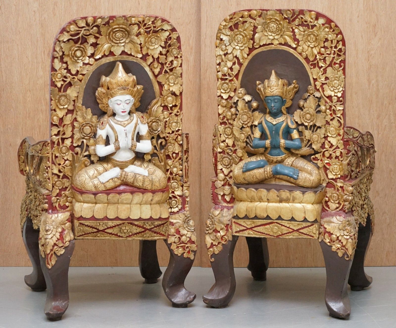 Rare Pair Of Circa 1900 Tibetan Ceremonial Chairs Nyingma Buddha Carved In Backs photo furniture