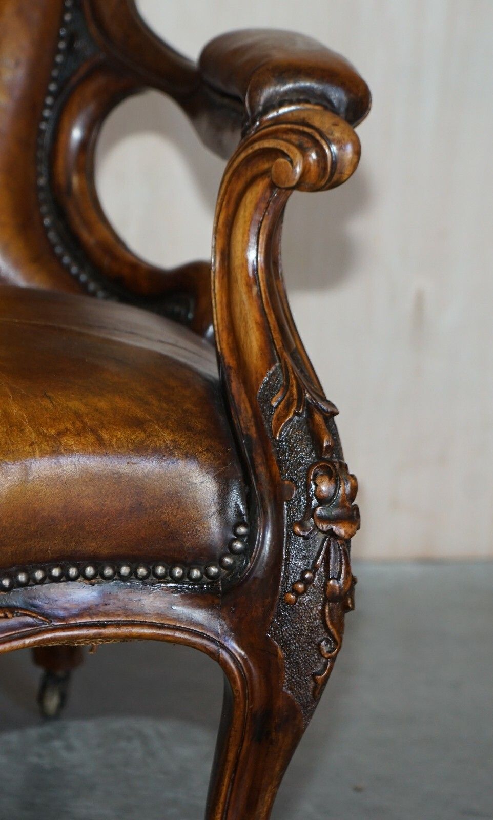 photo for sale Fine Antique Show Framed Victorian Chesterfield Brown Leather Library Armchair