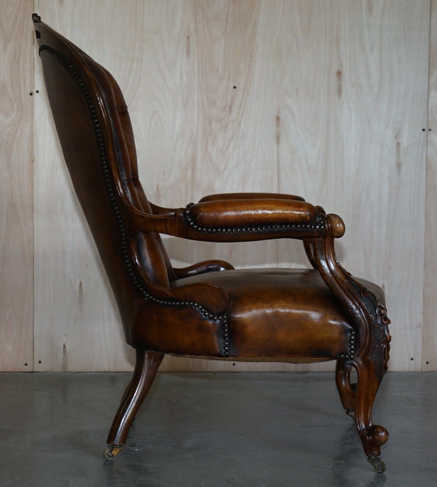Furniture Fine Antique Show Framed Victorian Chesterfield Brown Leather Library Armchair photo