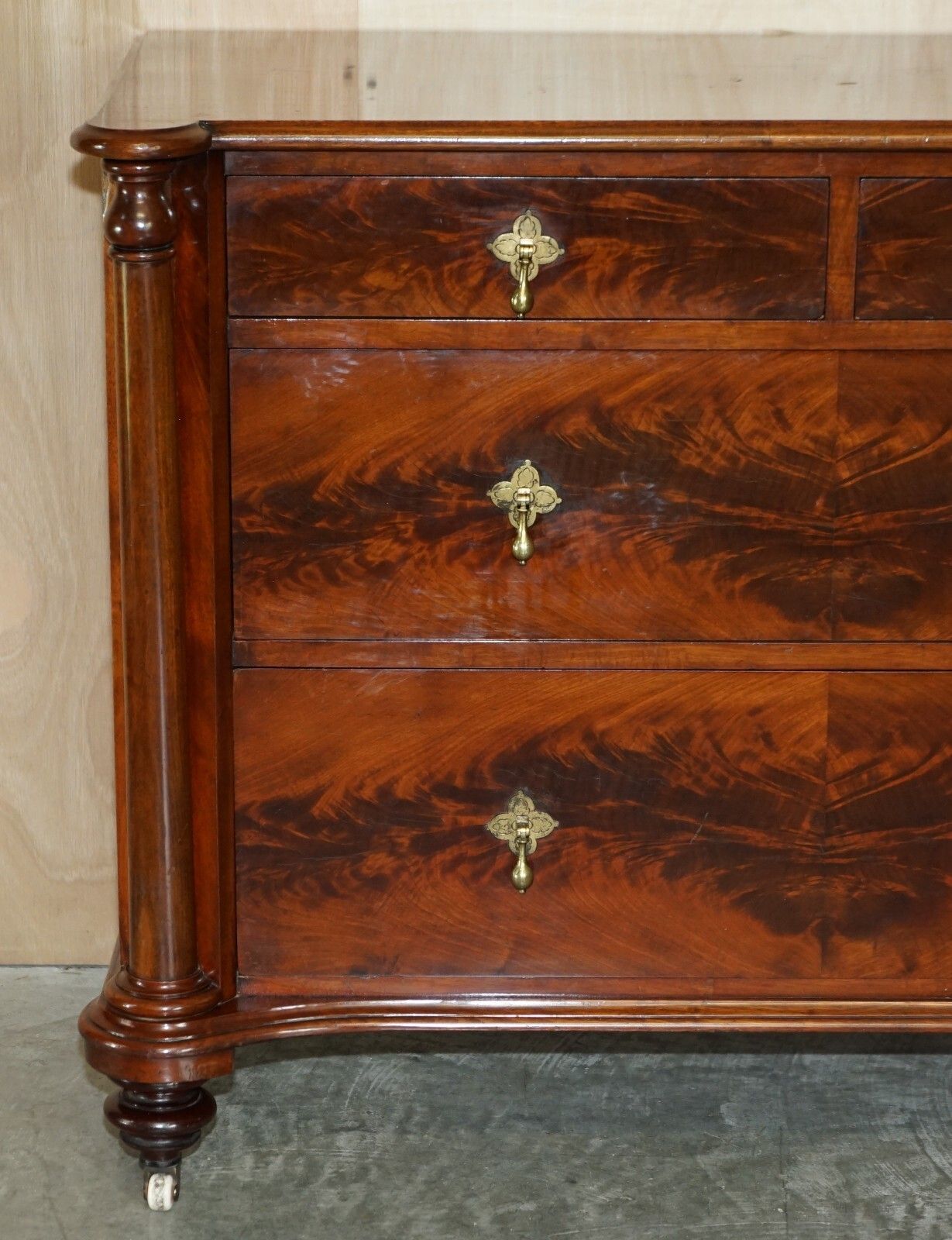 Exquisite Antique Victorian Flamed Mahogany Chest Of Drawers Porcelain Castors photo for sale