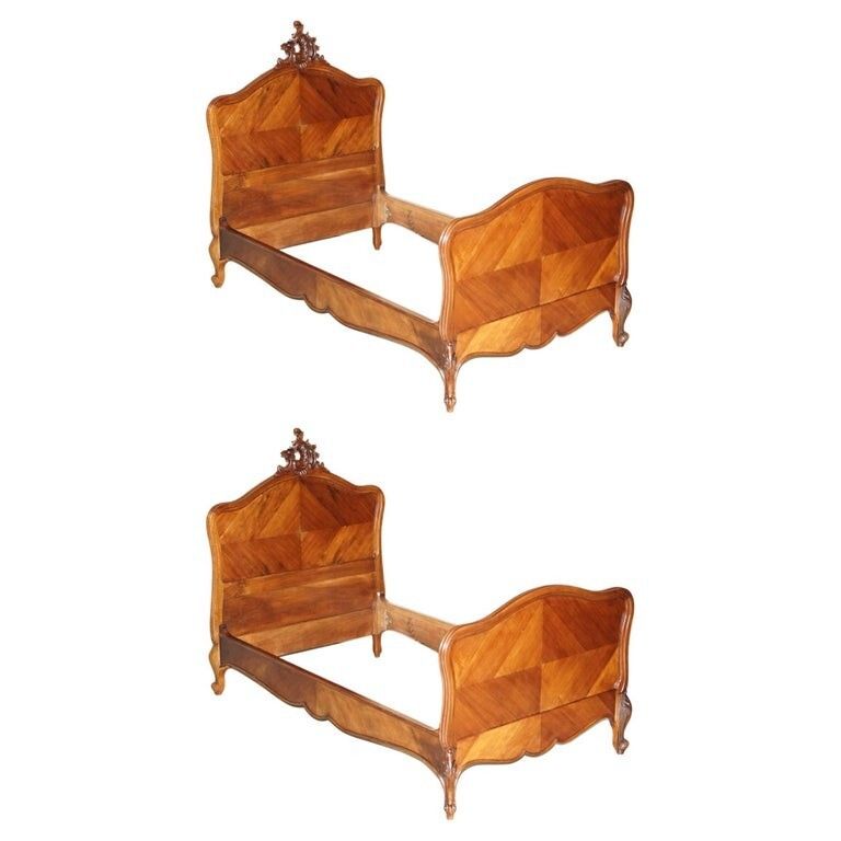Pair Of French Louis XV Napoleon III Ornately Carved Bed Stead Frames In Walnut