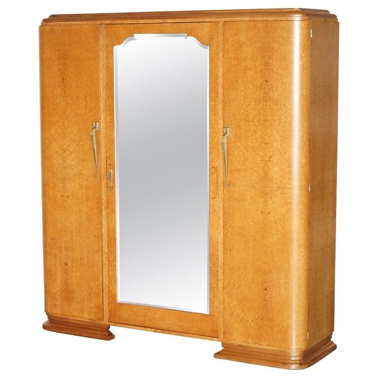 Antique Art Deco Burr Maple Triple Bank Circa 1920's Wardrobe Mirrored Door