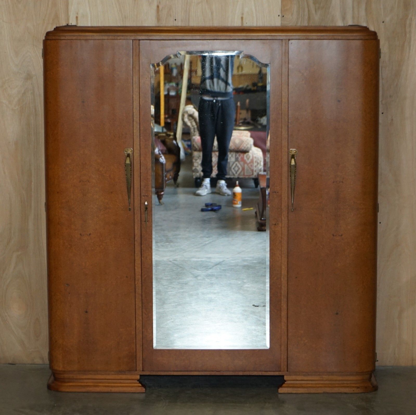 Antique Art Deco Burr Maple Triple Bank Circa 1920's Wardrobe Mirrored Door photo furniture