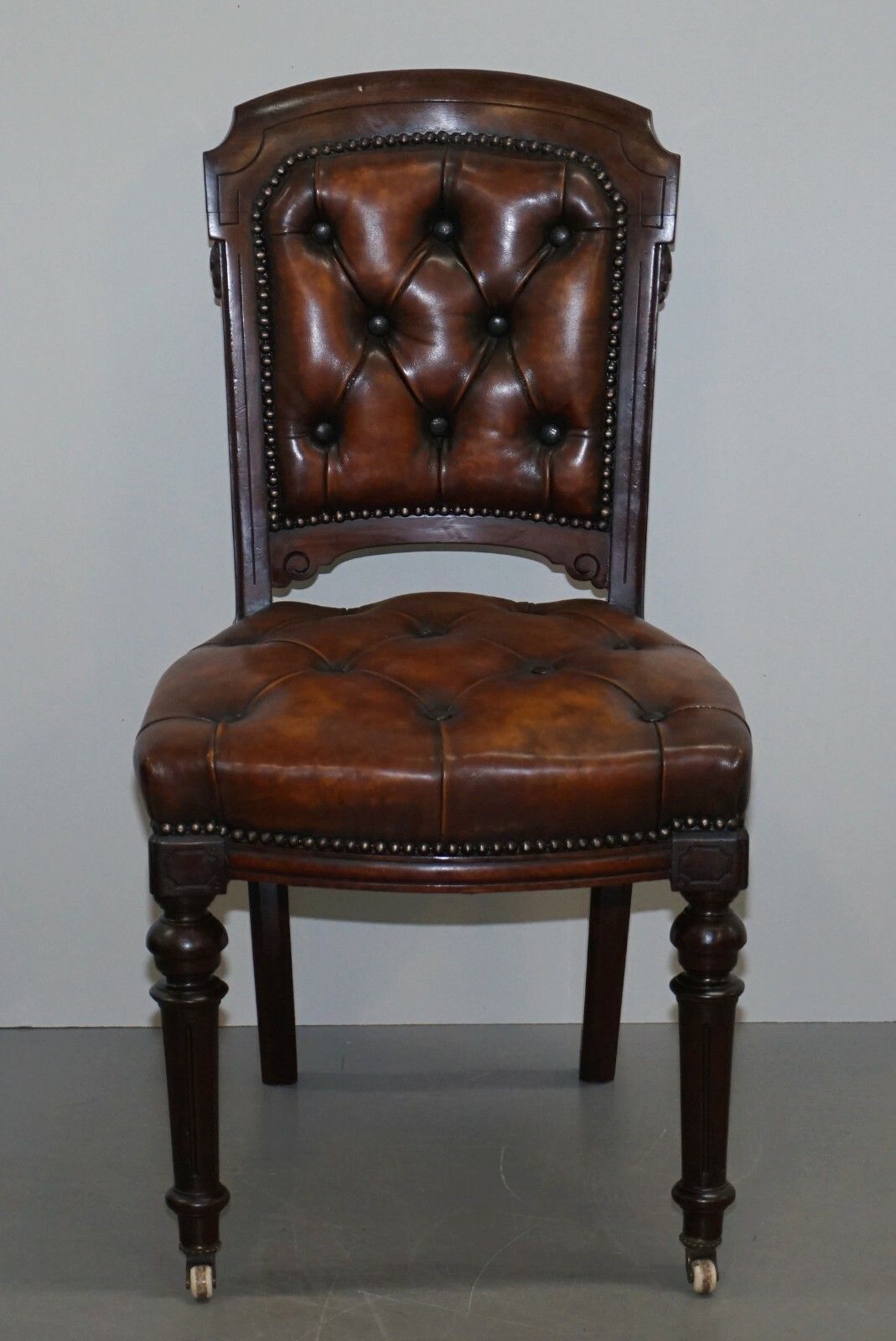 Fully Restored Suite Of Five Chesterfield Brown Leather & Mahogany Dining Chairs photo for sale