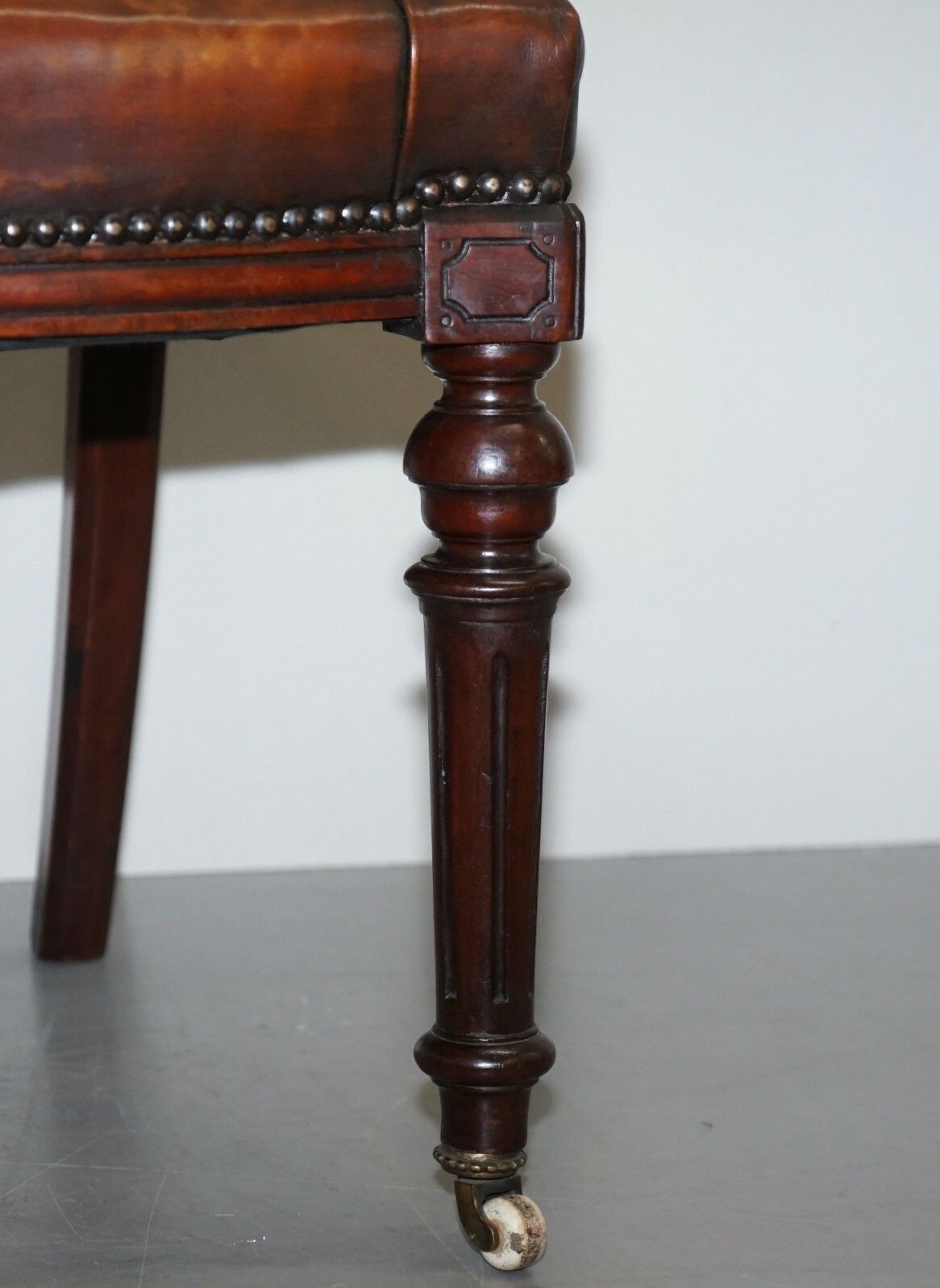 photo for sale Fully Restored Suite Of Five Chesterfield Brown Leather & Mahogany Dining Chairs