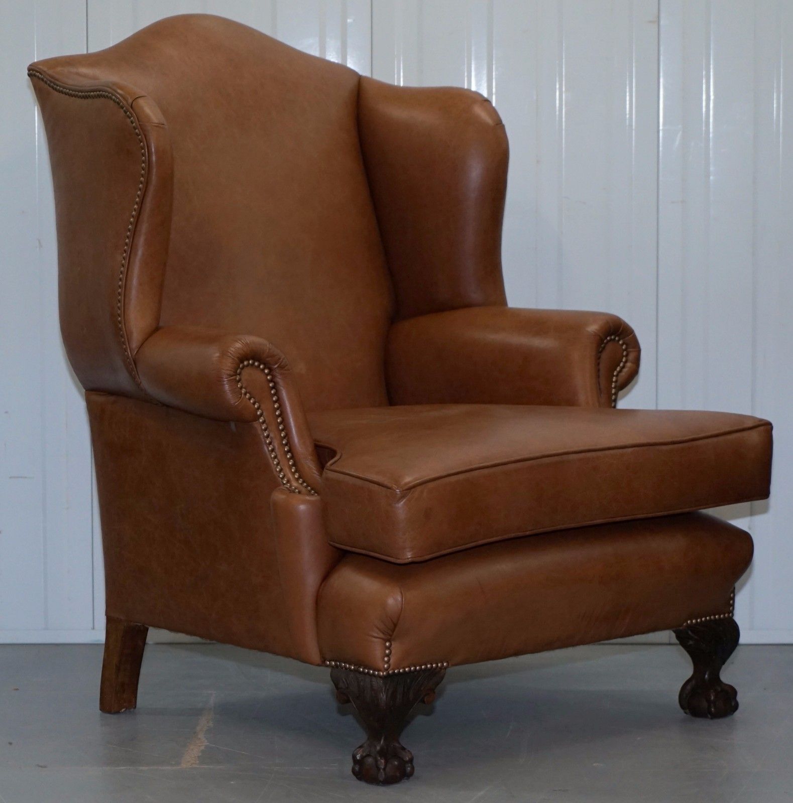 Pair Of Restored Brown Leather Circa 1860 Wingback Armchairs Claw & Ball Feet photo furniture