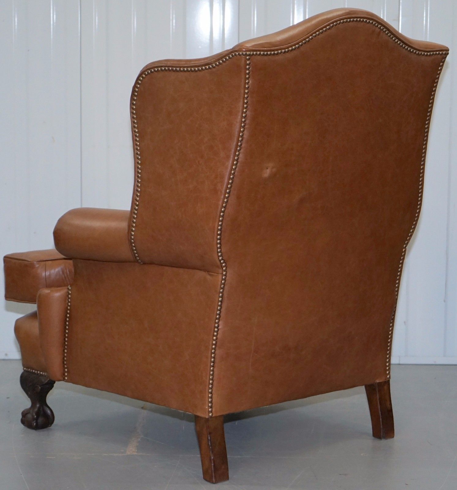 Pair Of Restored Brown Leather Circa 1860 Wingback Armchairs Claw & Ball Feet photo buy
