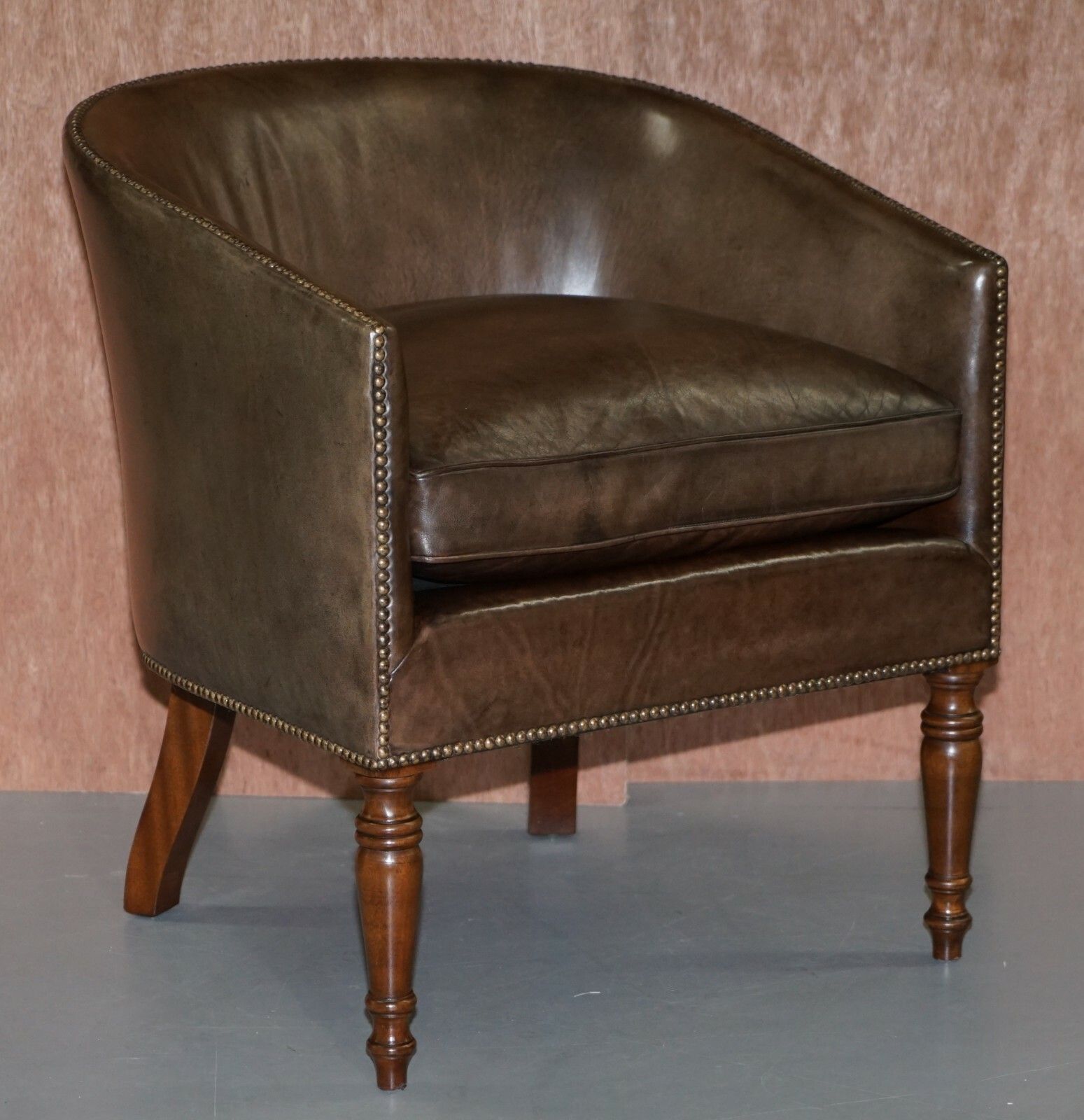 Pair Of Sublime Hand Dyed Barrel Back Tub Armchairs In Brown Leather Comfortable photo furniture