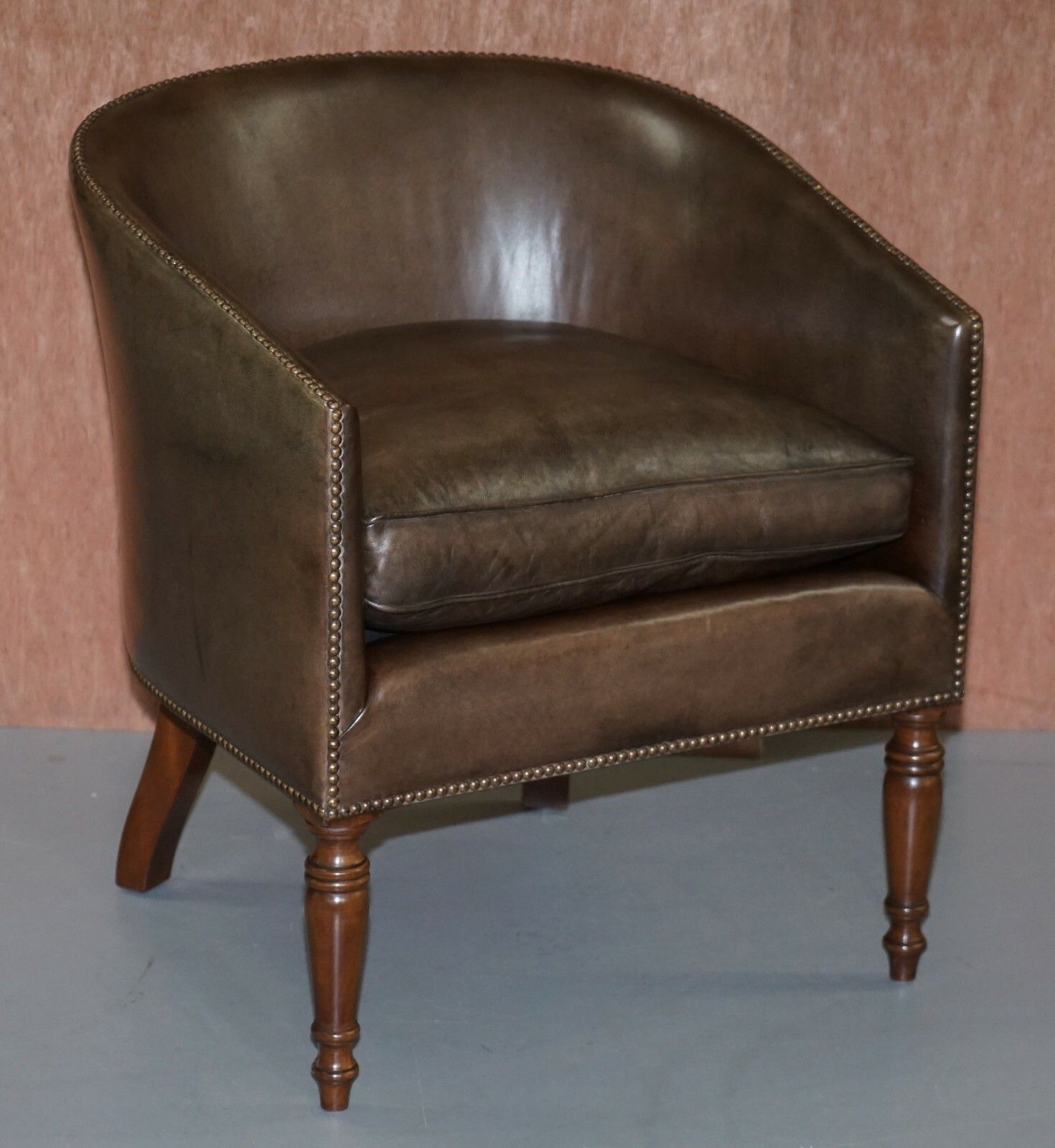 photo furniture Pair Of Sublime Hand Dyed Barrel Back Tub Armchairs In Brown Leather Comfortable