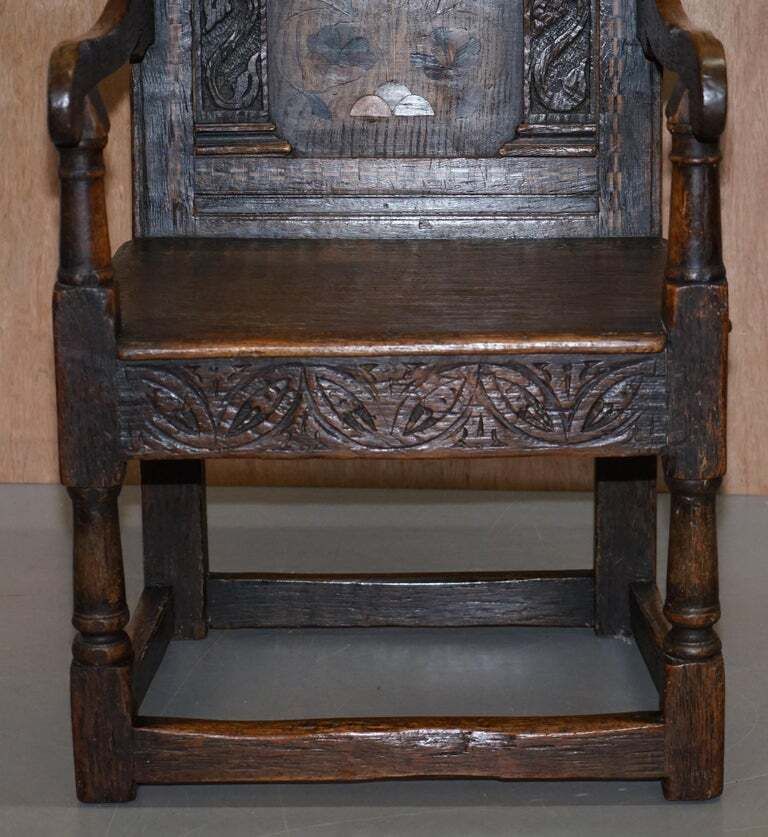 17th Century Charles I English Oak Wainscot Armchair Primate Design Hand Carved photo 3500.0