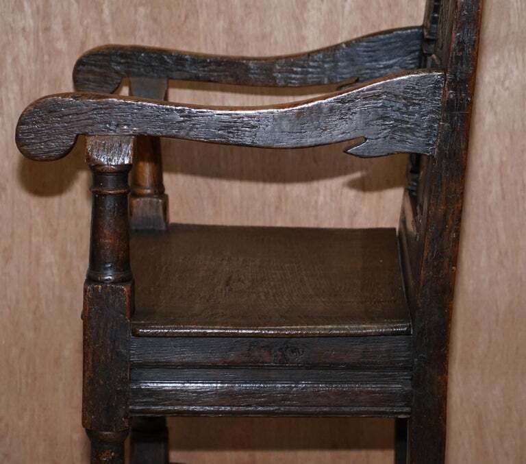 17th Century Charles I English Oak Wainscot Armchair Primate Design Hand Carved photo buy