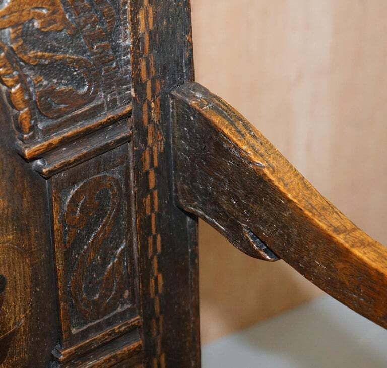 Furniture 17th Century Charles I English Oak Wainscot Armchair Primate Design Hand Carved photo