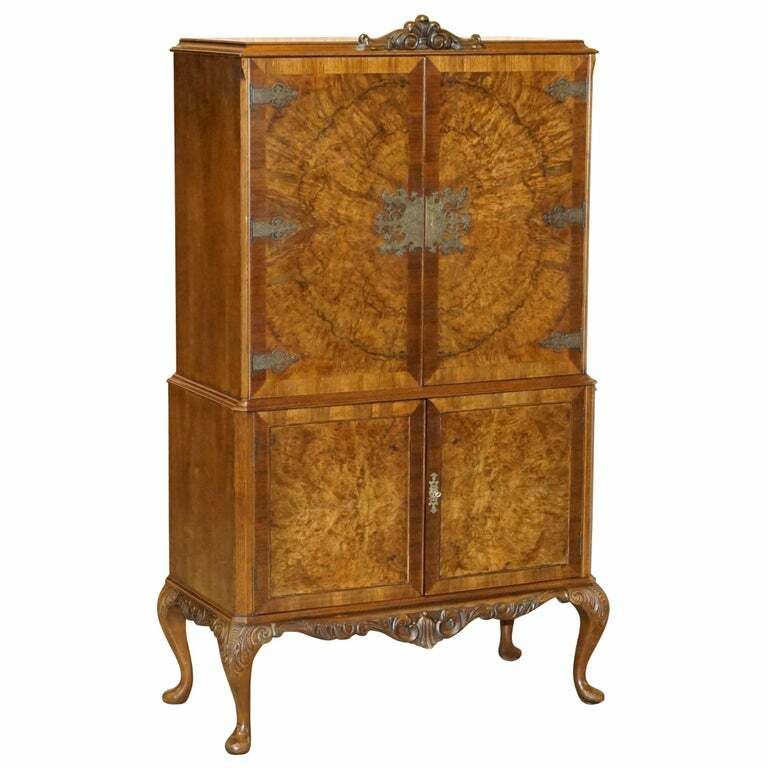 Sublime Art Deco Drinks Cabinet With Exquisite Burr Walnut Panels Cabriole Legs