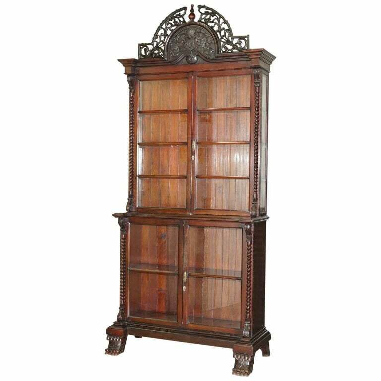 Huge 3 Meter Tall Victorian Mahogany Hand Carved Wood Library Bookcase Ornate