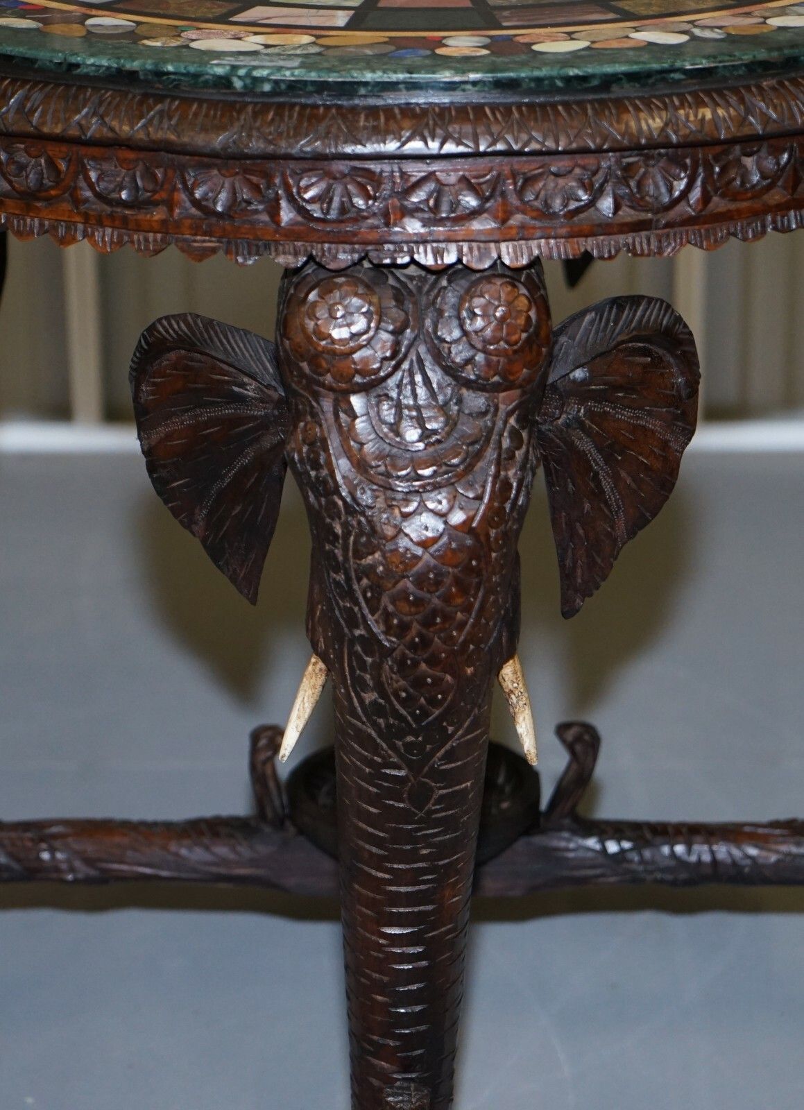 photo for sale Burmese Hand Carved Elephant Occasional Table Pietra Dura Specimen Marble Top
