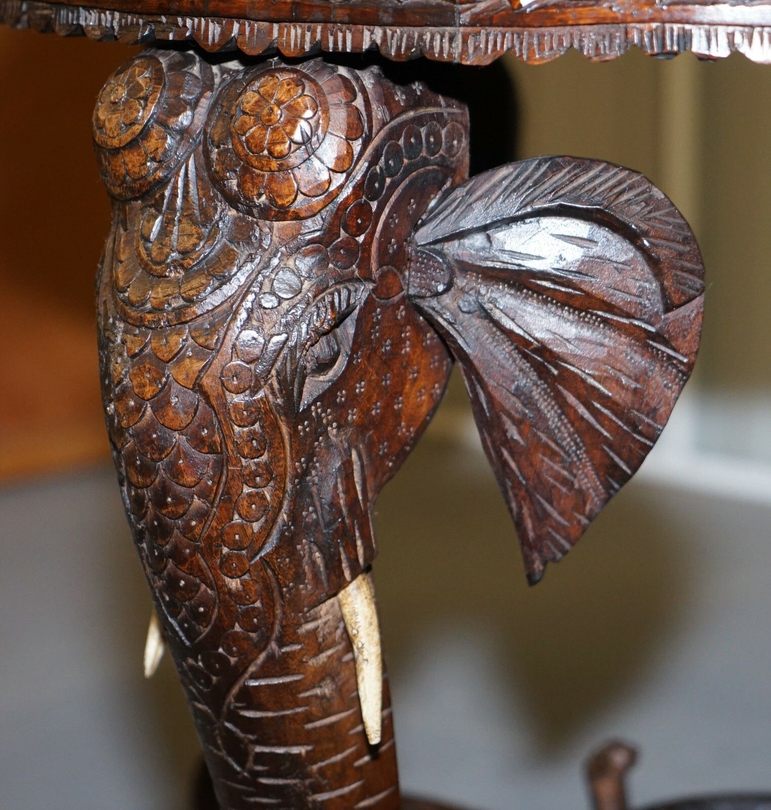 Furniture Burmese Hand Carved Elephant Occasional Table Pietra Dura Specimen Marble Top photo