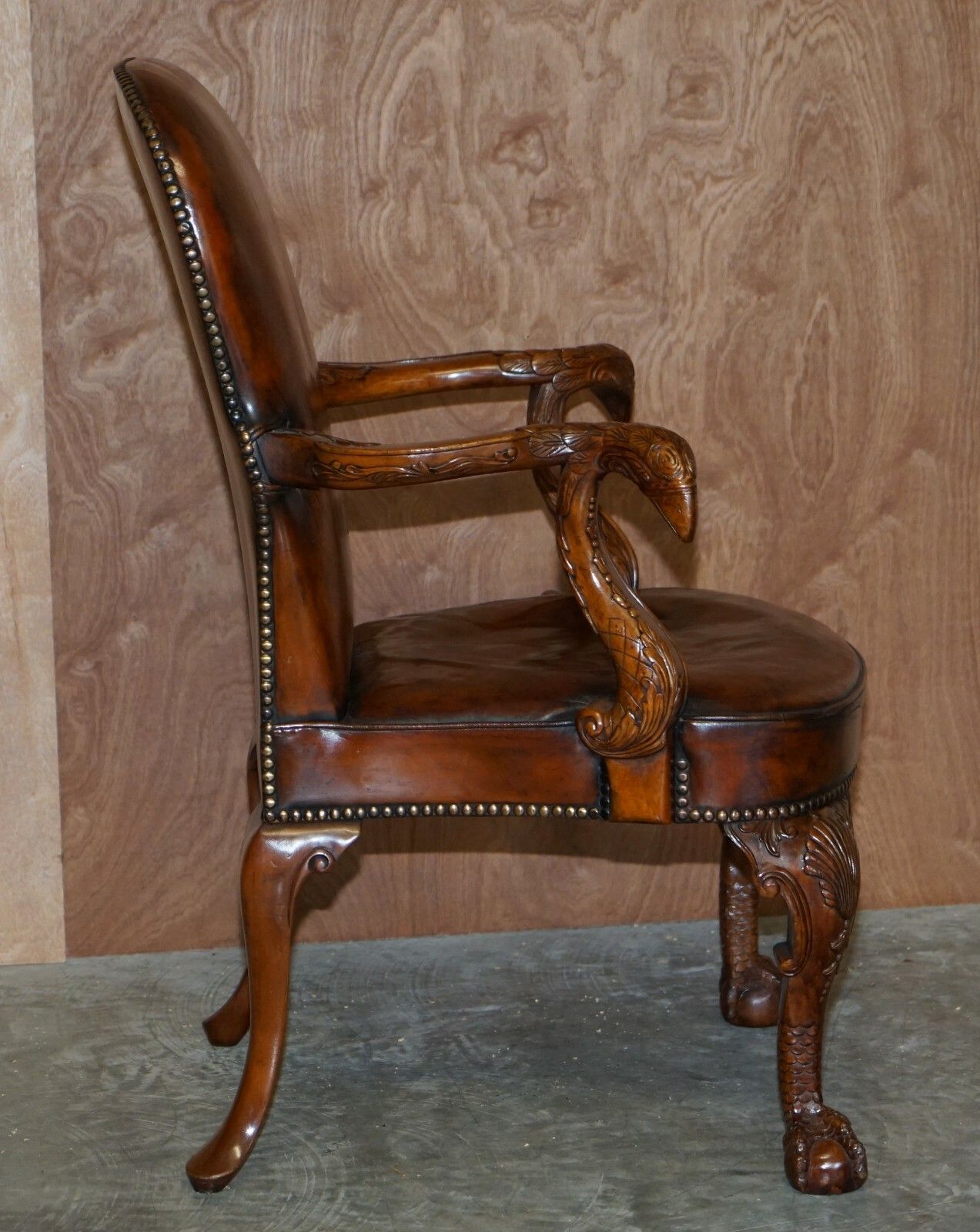 photo for sale Fully Restored Vintage Eagle Armed Claw & Ball Feet Brown Leather Armchair