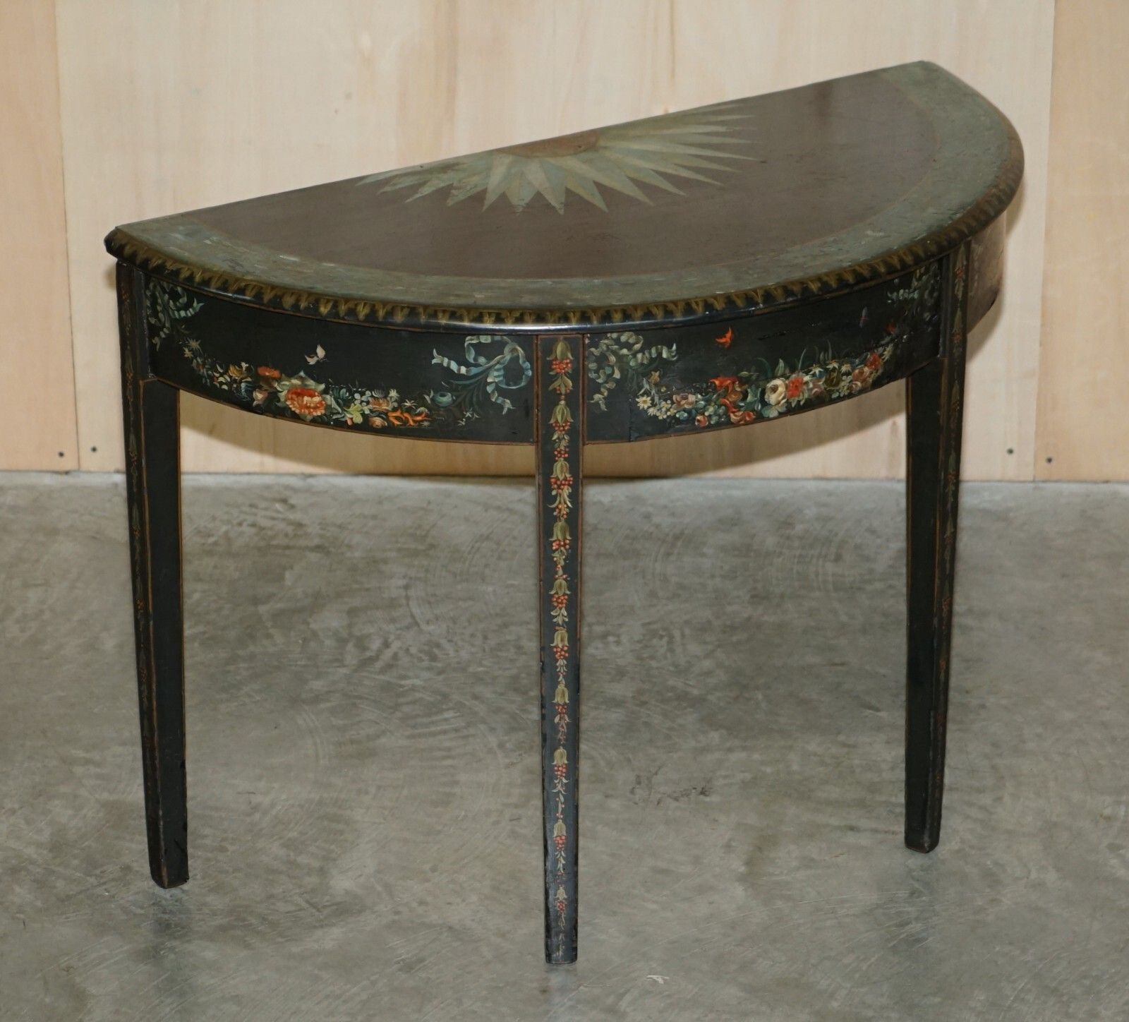 Fine 18th Century Circa 1760 Hand Polychrome Painted Demi Lune Console Table photo furniture