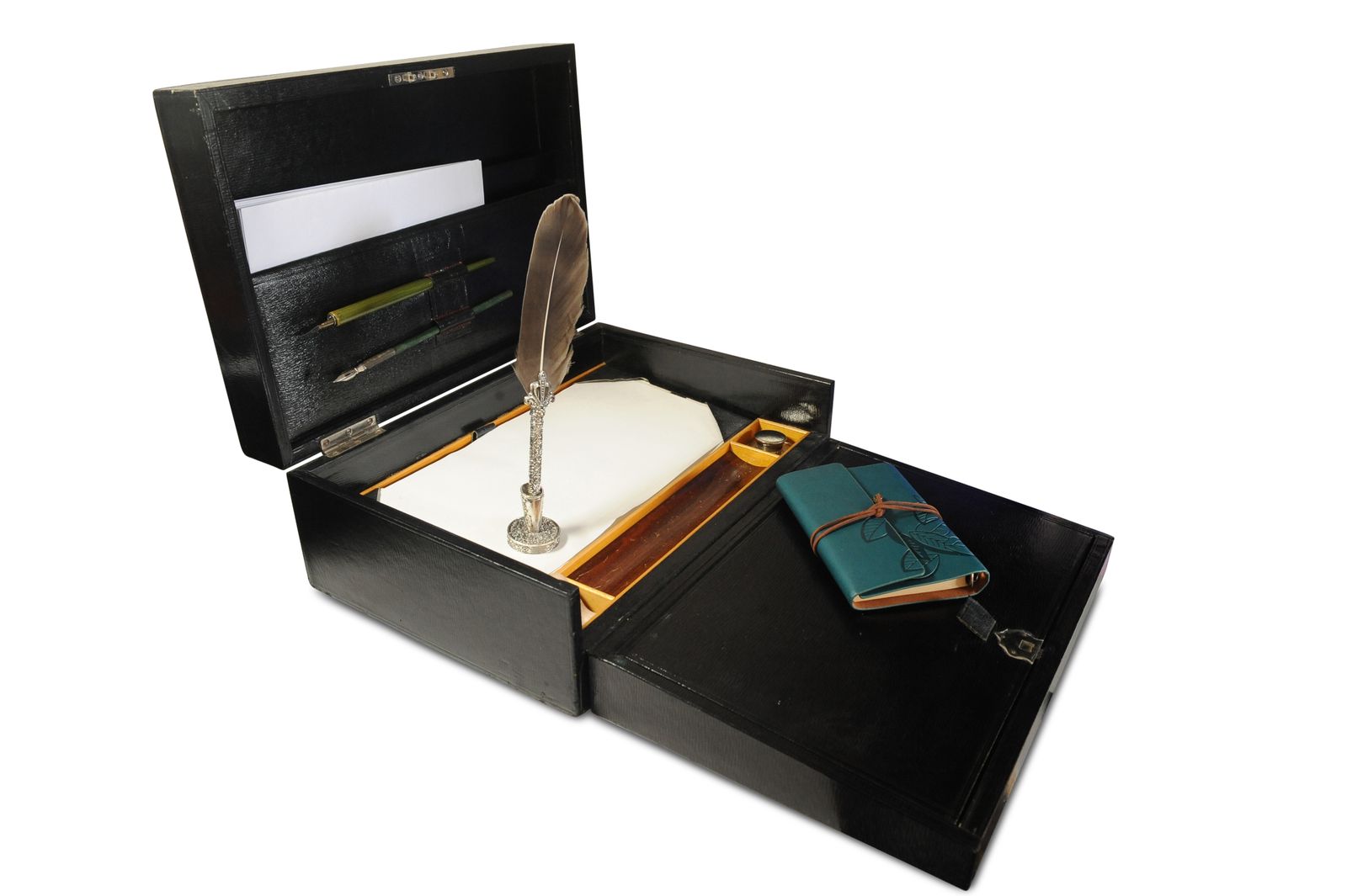 Victorian Glossy Black Leather Extending Correspondence Box / Writing Slope With Black Tooled Leather Interior photo furniture