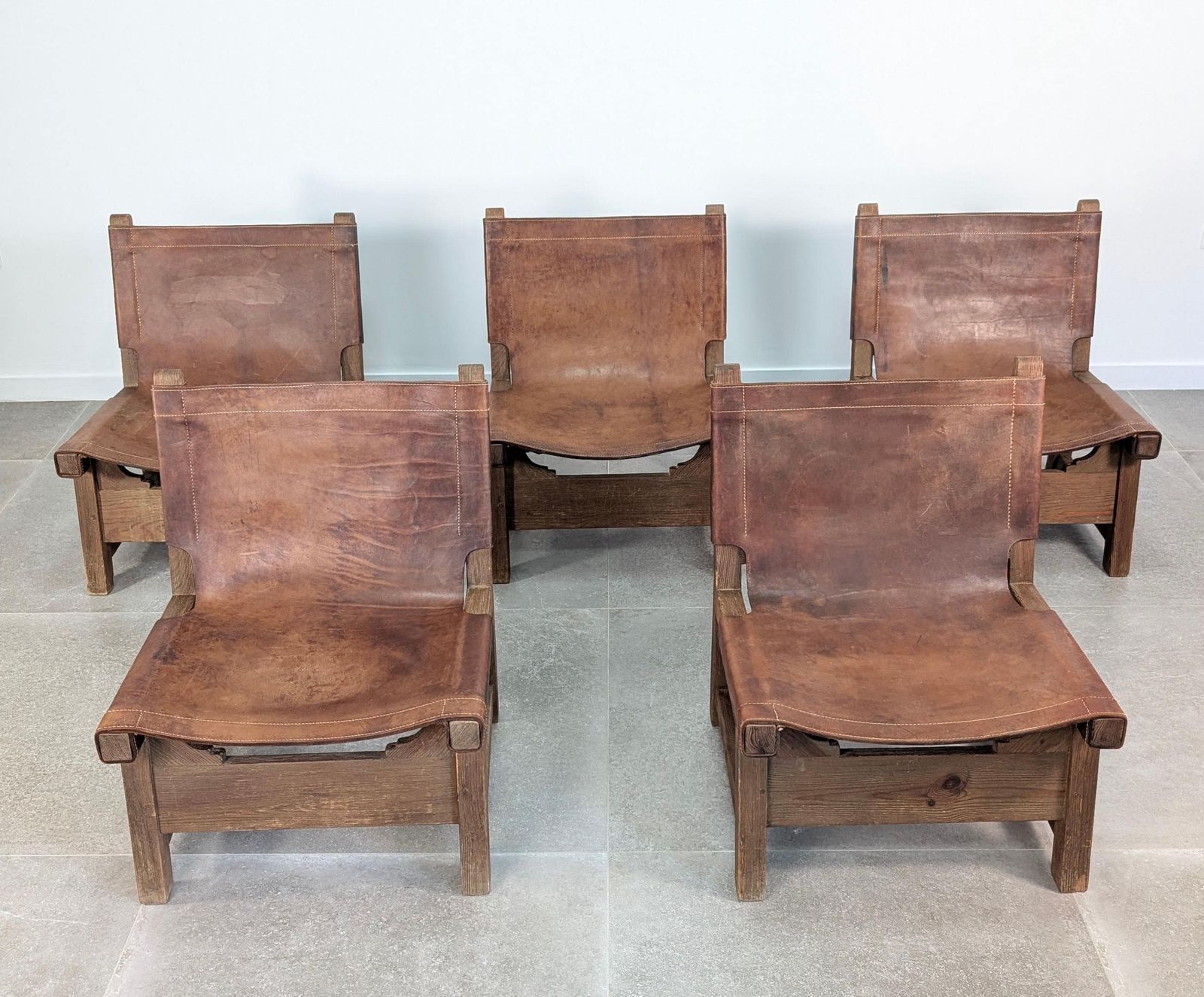 Set Of 5 Spanish Leather And Oak Chairs, Paco Muñoz Style, 1960s photo for sale