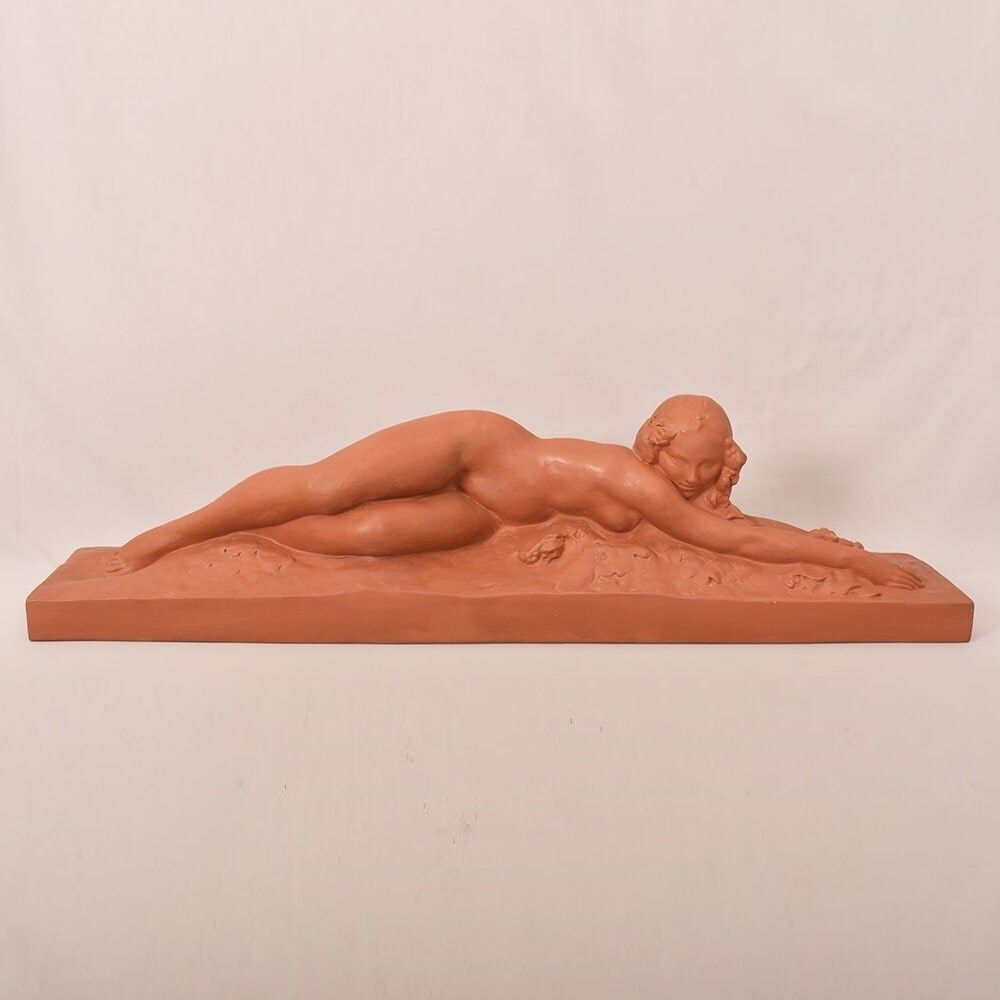 Art Déco Sculpture, Terracotta, Nude Of Young Lying Woman, Amedeo Gennarelli, XX. (Stte97)