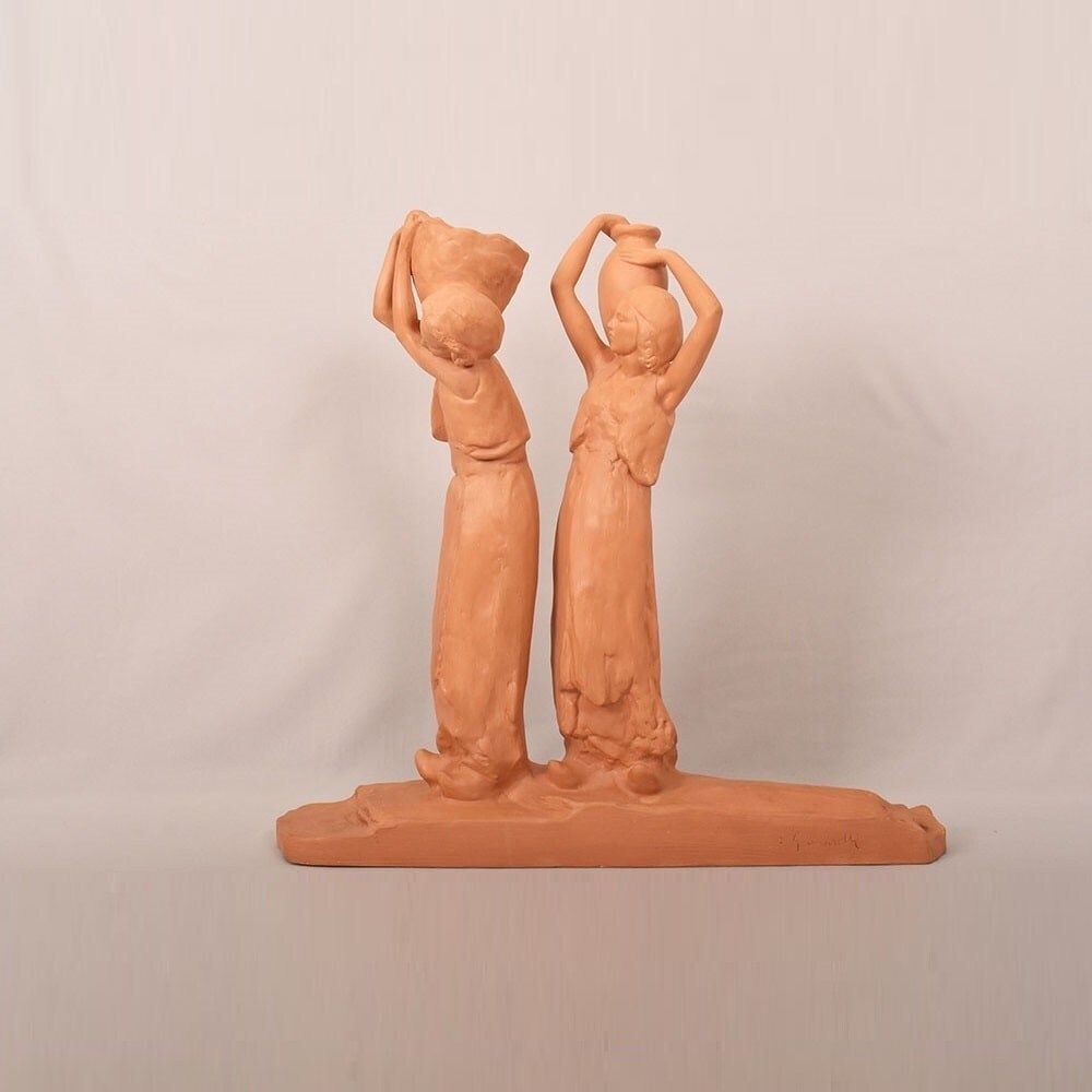Art Déco Sculpture, Terracotta, Two Young Women With An Amphora, Amedeo Gennarelli, XX. (Stte98)