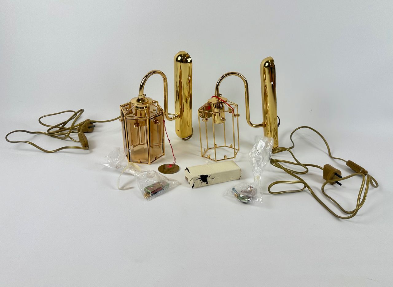 Lighting Gold Plated Smoked Glass Wall Lamps Model 1720 1 From Sego Armatur As, Sweden, 1970s, Set Of 2 photo